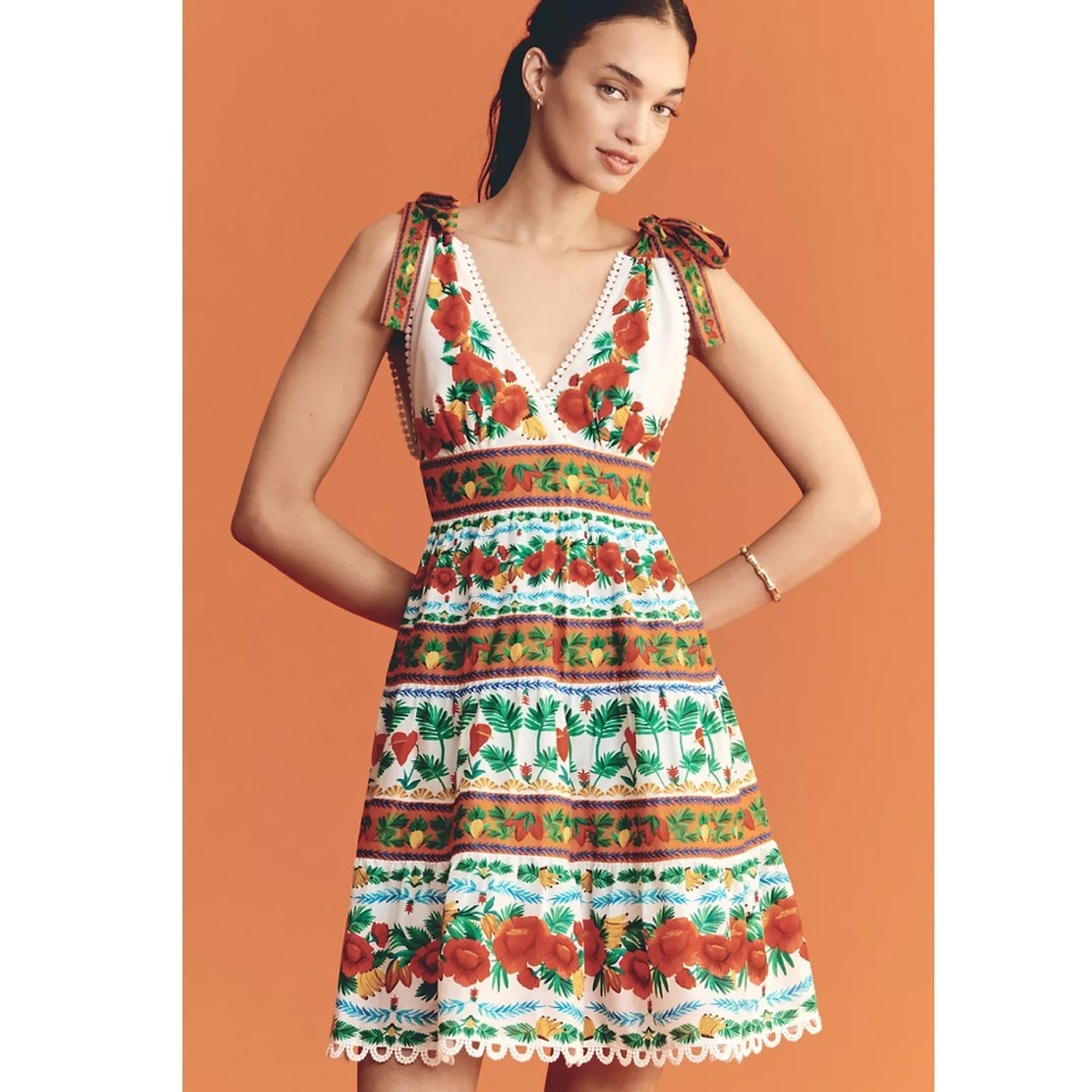 Farm Rio x Anthropologie Colorful Tropical Tiered Mini Dress Size XXS NWT